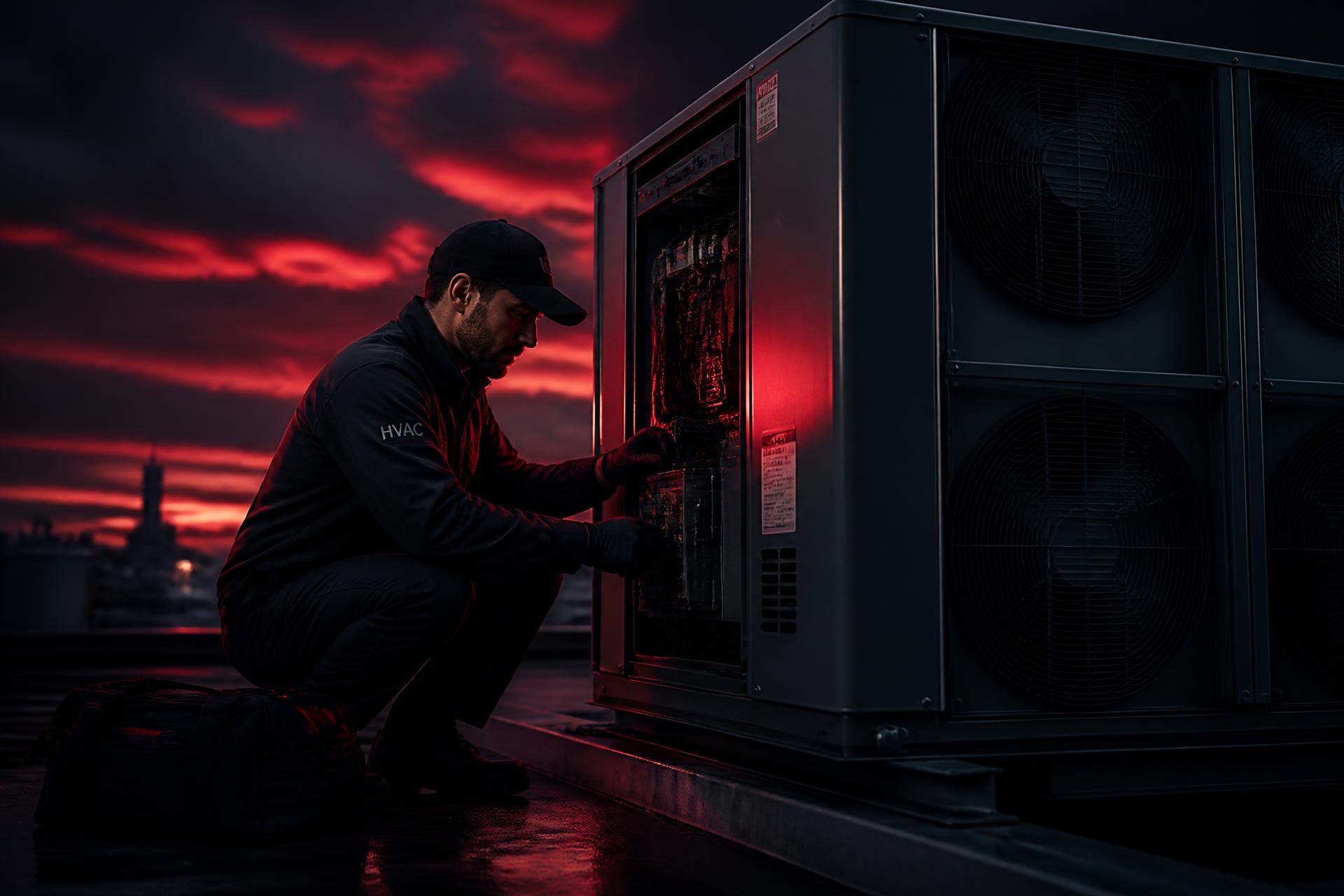 AIN technician servicing a commercial HVAC condenser unit at dusk in Atlanta
